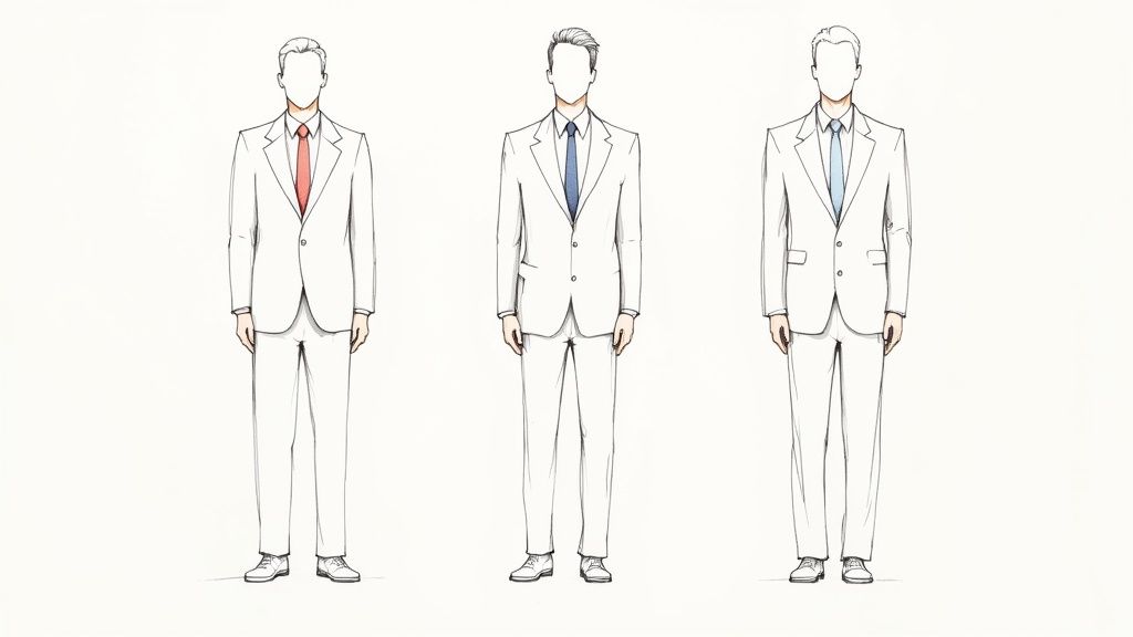Three illustrated men wearing white tailored suits, each with a different colored tie: red, dark blue, and light blue.