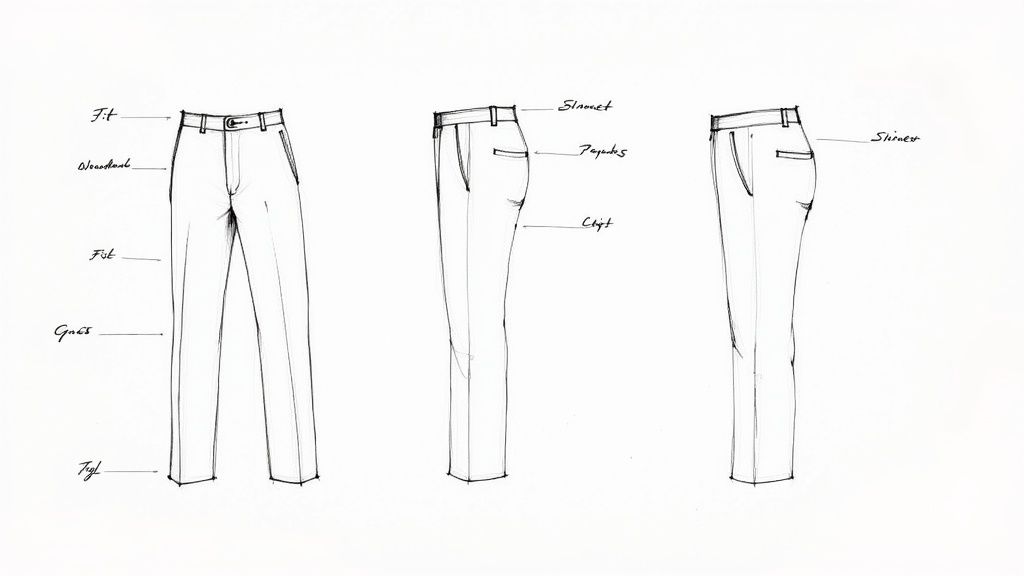 Technical drawing of men's trousers from front, side, and back views with labeled garment details.