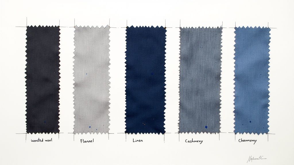 A close-up shot of a gentleman adjusting his textured gray suit jacket over a blue shirt.