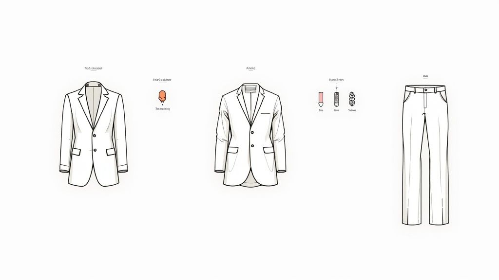 Detailed white blazer and pant fashion flat sketches illustrating different suit styles and tailoring elements.