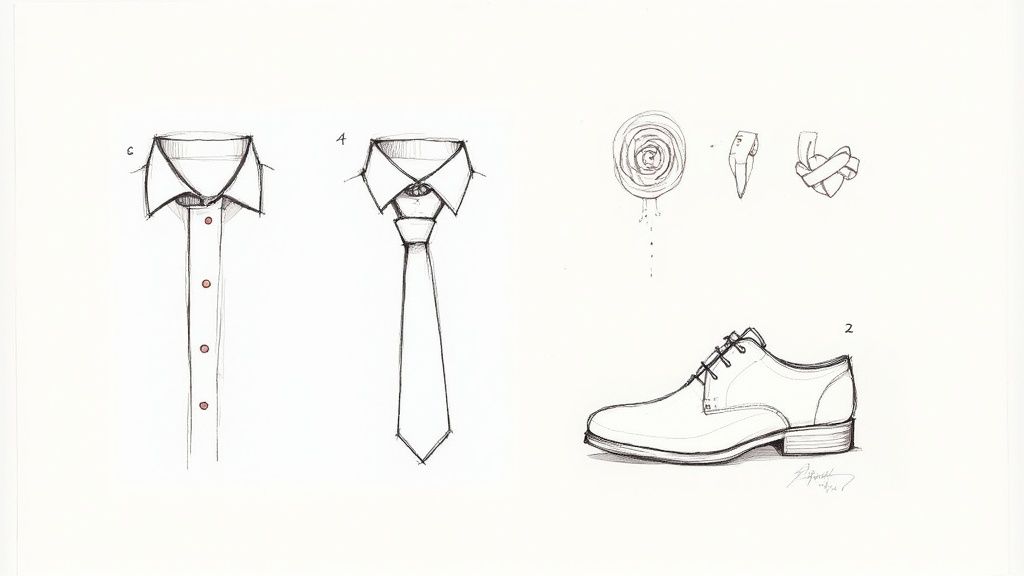 Hand-drawn fashion illustration showing formal menswear elements including dress shirt, tie, dress shoe, and boutonniere accessories