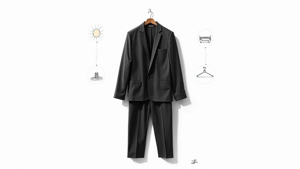 A stylish black suit, jacket and trousers, hanging against a white background with related icons.
