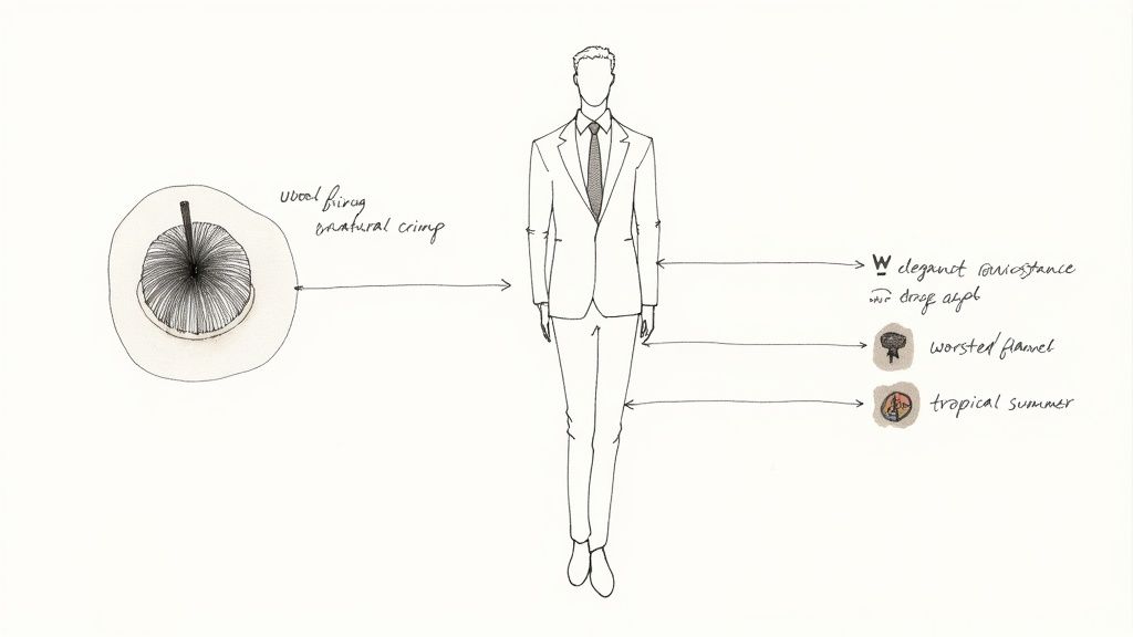 Illustration detailing different suit fabrics and their characteristics, including wool crimp, flannel, and tropical summer.