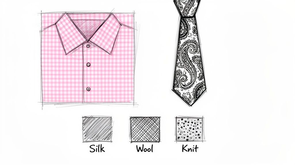 A sketch showing a pink checkered shirt, a paisley tie, and swatches for silk, wool, and knit fabrics.