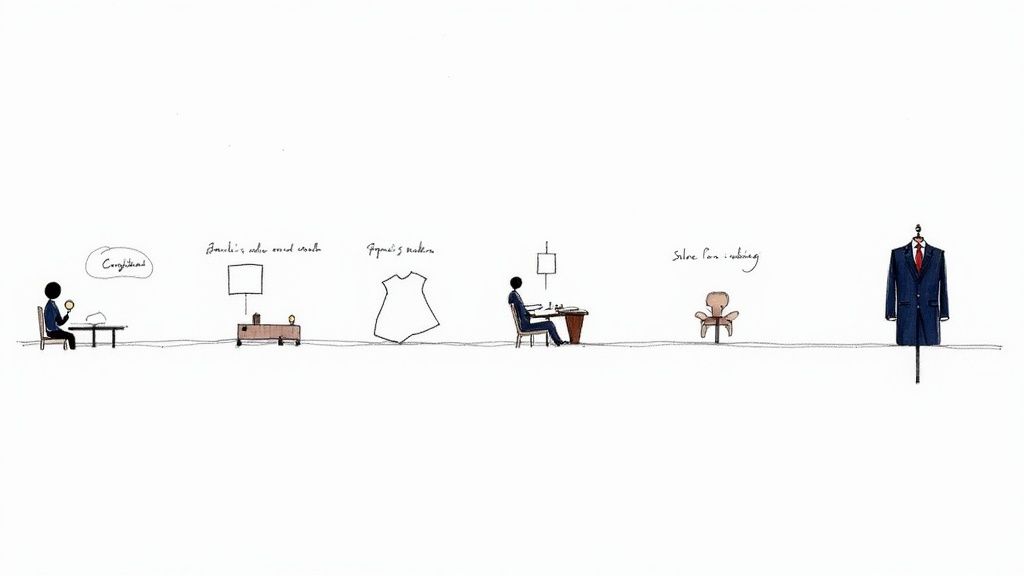 Illustration showing the multi-stage process of bespoke suit tailoring from concept to finished garment.