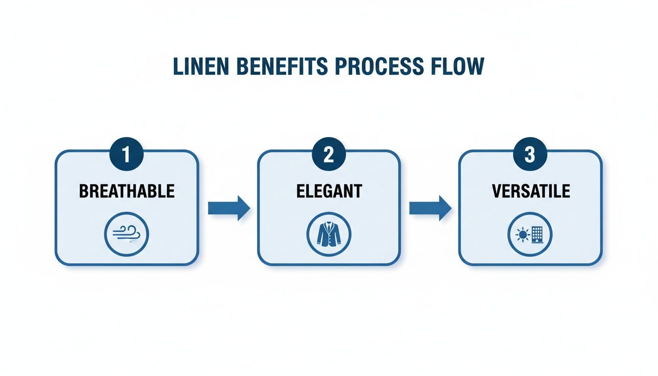 A process flow diagram illustrating three key linen benefits: breathable, elegant, and versatile, with corresponding icons.