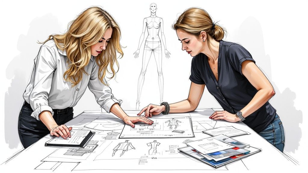Two women fashion designers collaborating on clothing sketches and design plans.