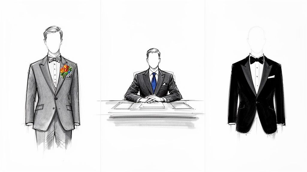 Three illustrations of men's formalwear: a wedding suit, a business suit, and a black-tie tuxedo.