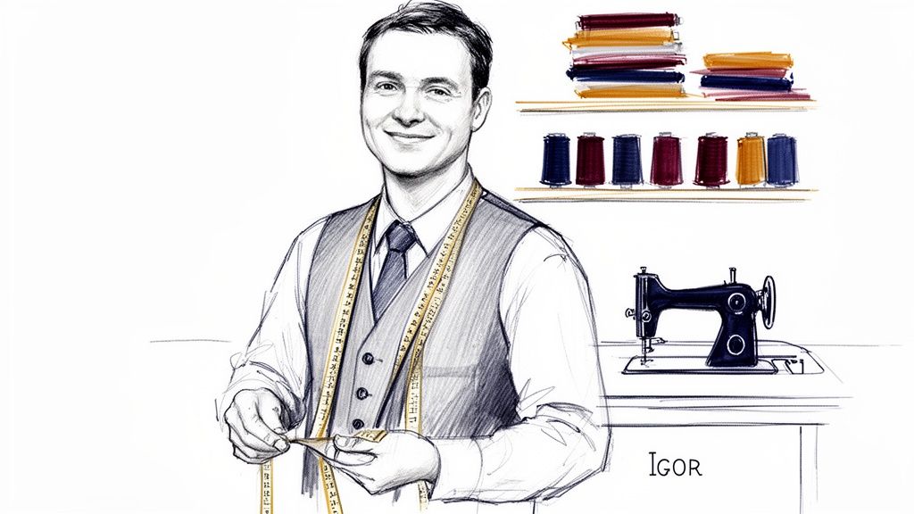 Illustration of a smiling tailor, Igor, holding a measuring tape, with sewing supplies and a vintage machine.