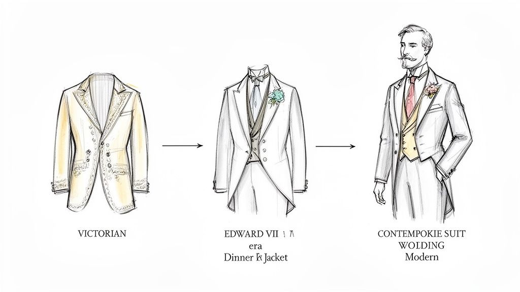 Illustration showing the evolution of men's formal wear from Victorian to Edwardian and modern wedding suits.