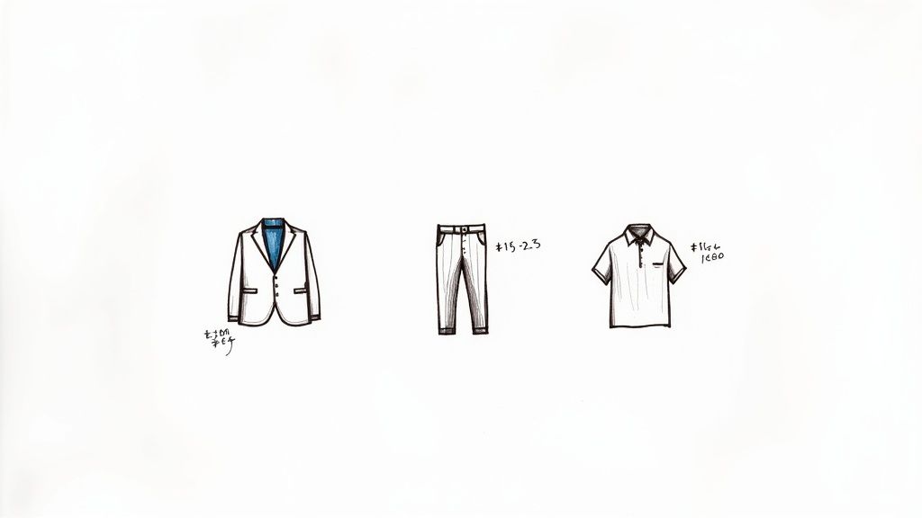 A tailor carefully measuring the sleeve of a tweed suit jacket for alterations.