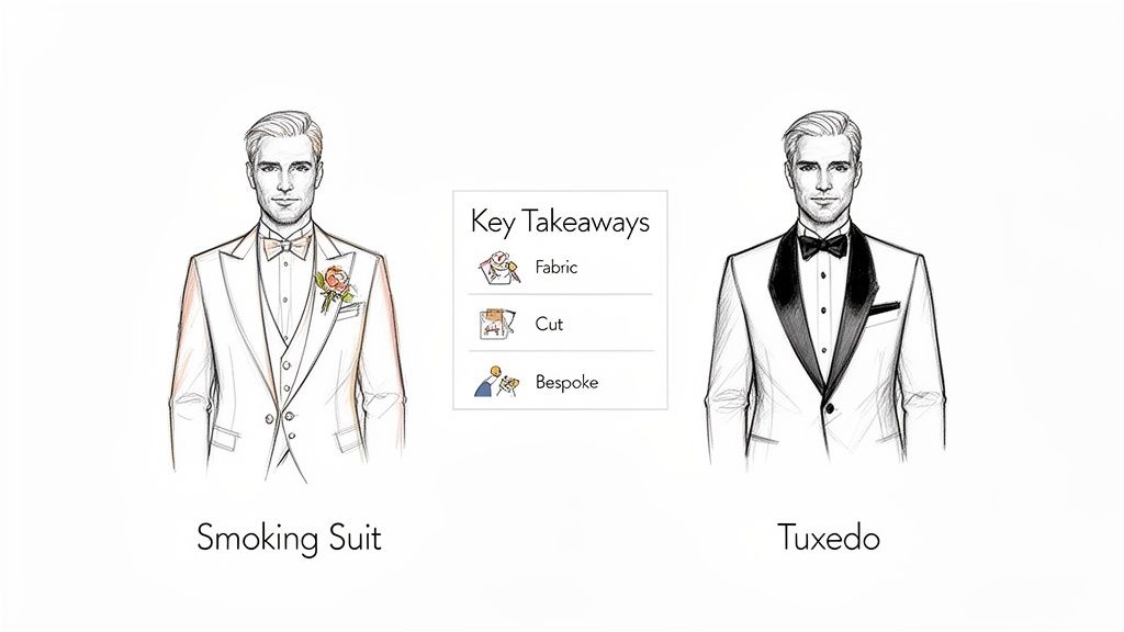 Illustrations comparing a smoking suit with a boutonnière and a tuxedo, highlighting key differences in formal wear.