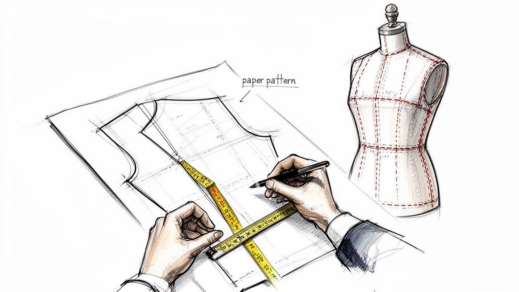 An illustration showing hands drafting a paper pattern with a measuring tape, alongside a dress form.