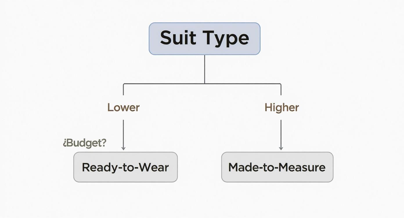 Flowchart illustrating suit type options based on budget: lower for ready-to-wear, higher for made-to-measure.