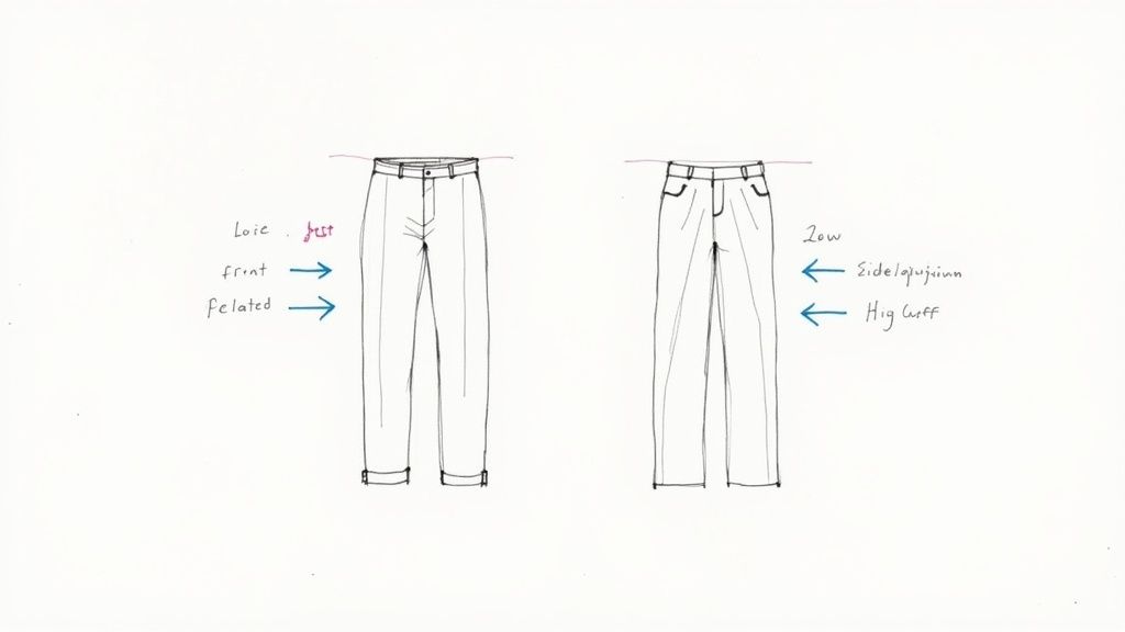 Hand-drawn sketches illustrating two different styles of trousers with text labels.