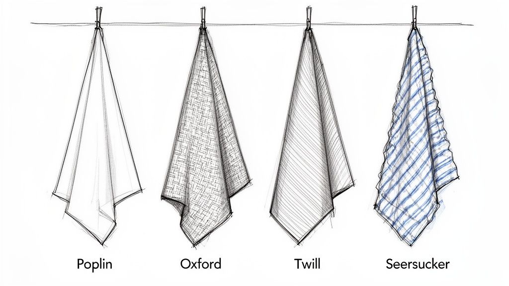 Sketches illustrate four fabric types: Poplin, Oxford, Twill, and Seersucker, showing distinct textures.