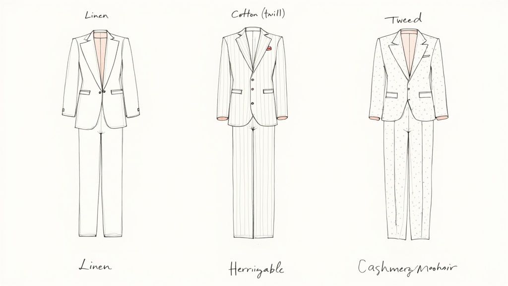 Three illustrations of men's suits in different fabrics: plain linen, pinstripe cotton twill, and speckled tweed.