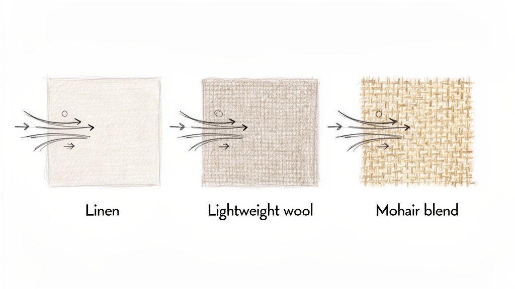 Illustration comparing the breathability of linen, lightweight wool, and mohair blend fabrics.