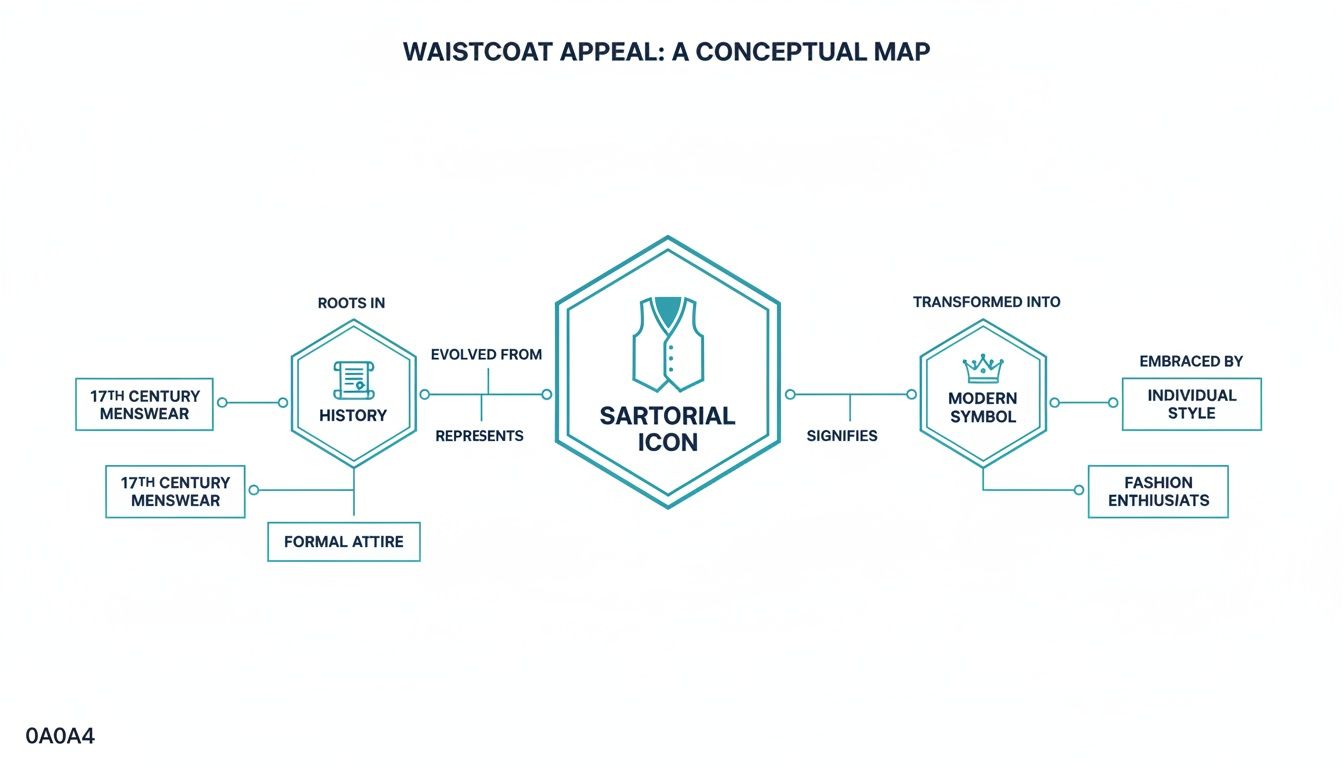 A conceptual map illustrating the evolution of the waistcoat from 17th-century menswear to a modern sartorial icon.