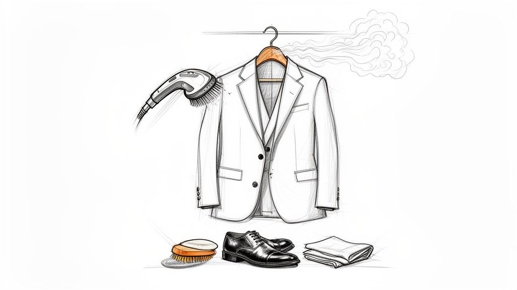 A sketch shows a suit being steamed on a hanger, with a shoe, brush, and cloth below.