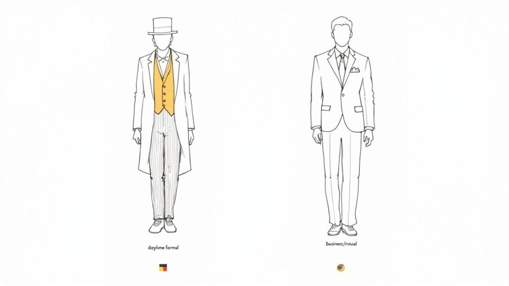Side by side comparison illustration of daytime formal morning suit and business casual lounge suit