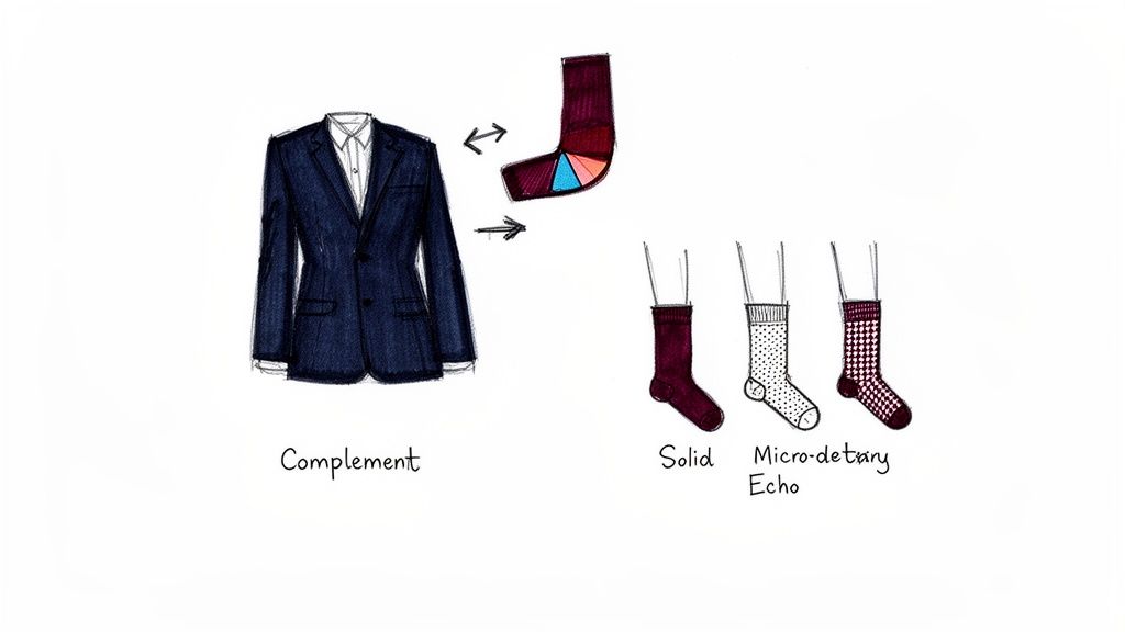 An illustration showing how to choose socks to complement a suit, featuring different patterns and colors.