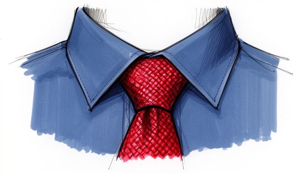 A detailed drawing of a blue collared shirt featuring a textured red tie, presented in a sketch style.
