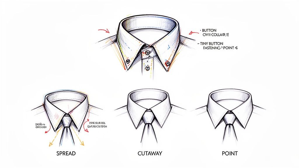 Illustration showcasing different men's shirt collar styles, including button-down, spread, cutaway, and point.
