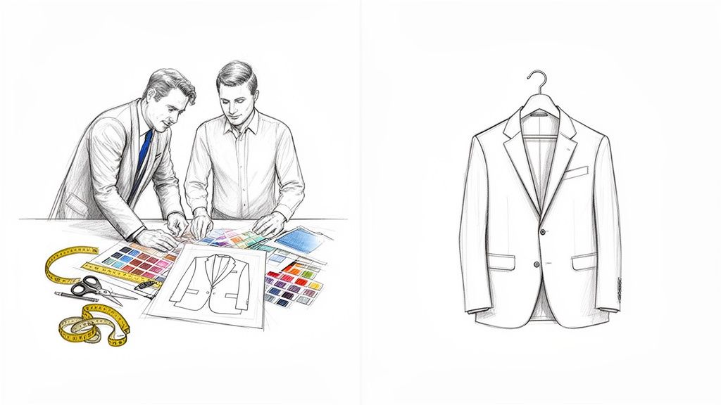 Two tailors collaborate on bespoke suit design, examining fabric swatches and a sketch, with a finished jacket on a hanger.