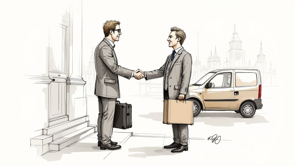 Two businessmen in custom suits shaking hands near delivery van in professional setting