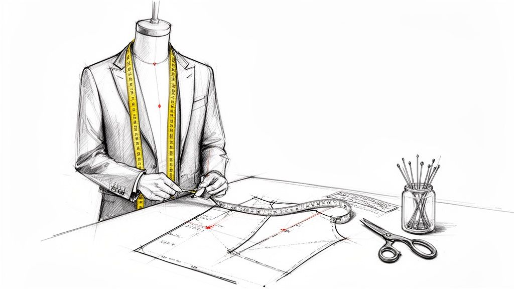 A detailed sketch of a tailor's workstation with a dummy, pattern, measuring tape, scissors, and pins.