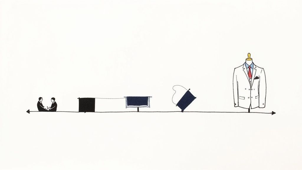 A timeline illustrating the custom suit production process, from consultation to finished double-breasted jacket.