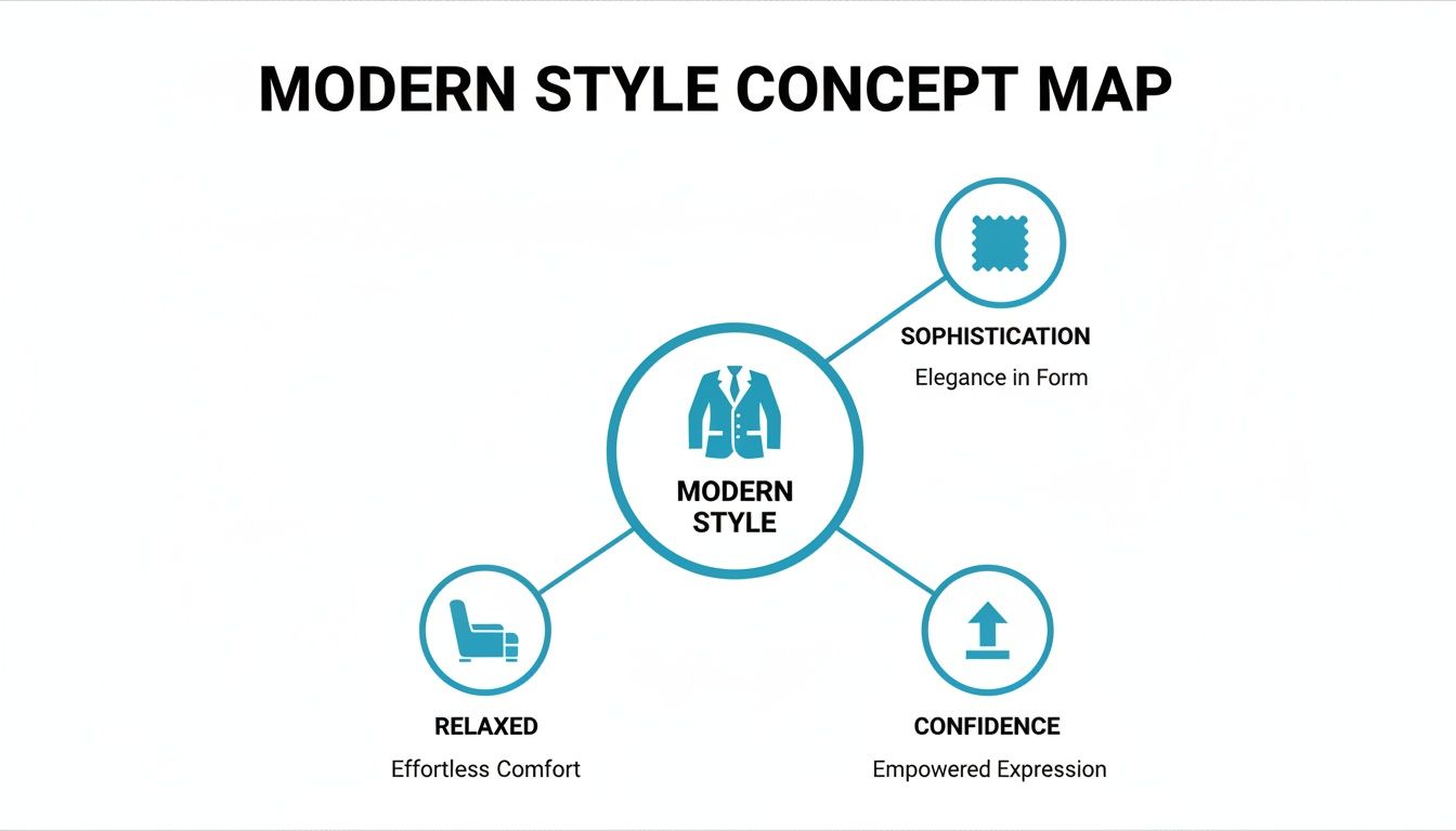 Modern style concept map illustrating sophistication, relaxed comfort, and confidence with icons.