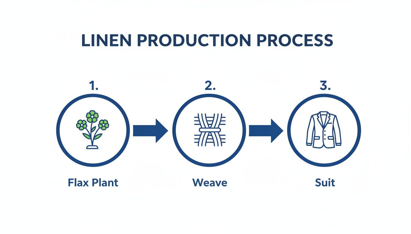 Diagram illustrating the linen production process, from flax plant cultivation to weaving fabric and making a suit.