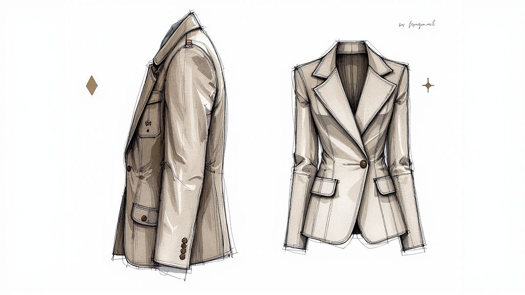 Two elegant fashion illustrations showcase different styles of beige blazers and jackets on a white background.