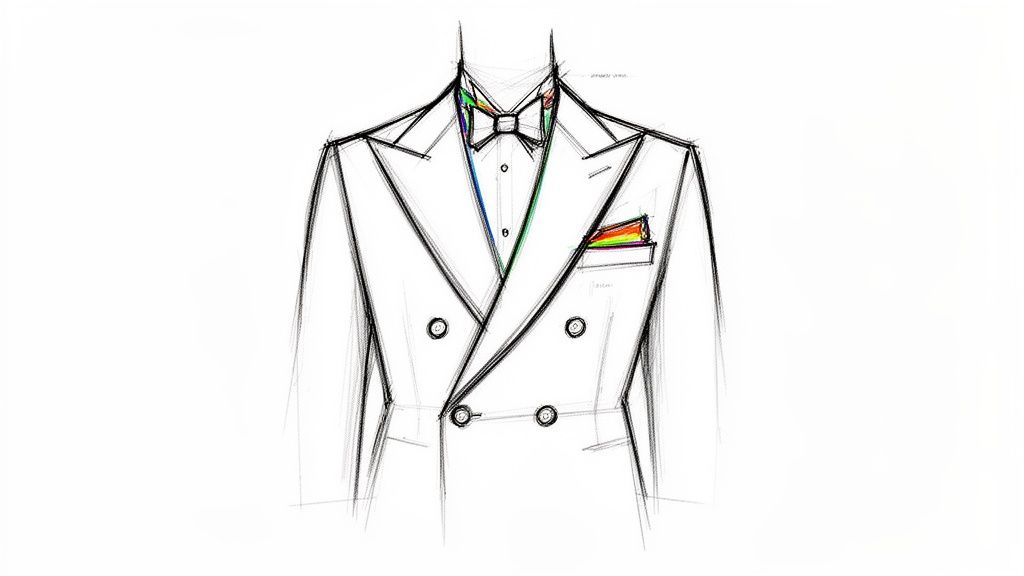 A line art sketch of a double-breasted dinner suit with a colorful rainbow bow tie and pocket square.