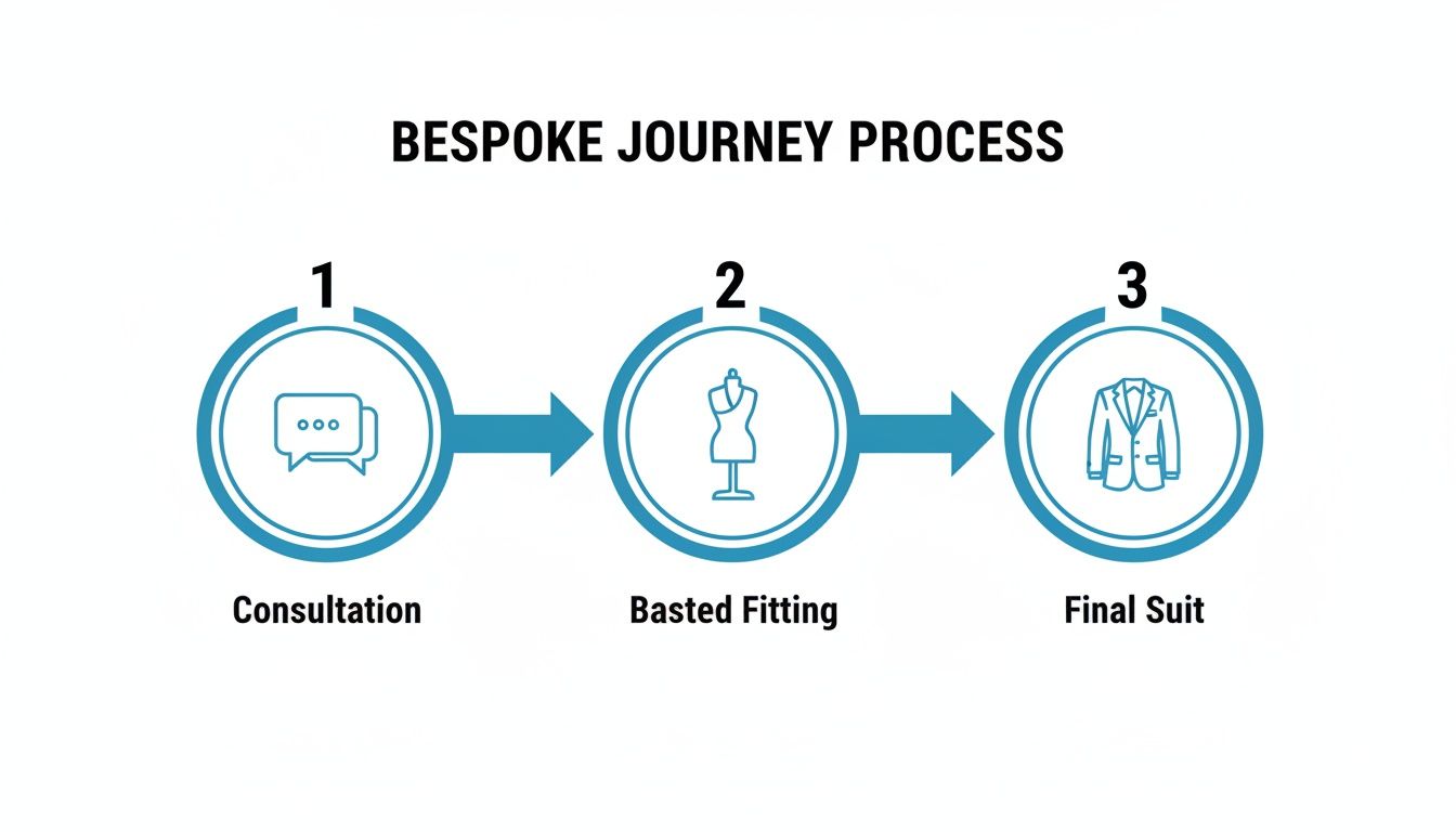 An infographic illustrating the three-step bespoke tailoring process: consultation, basted fitting, and final suit.