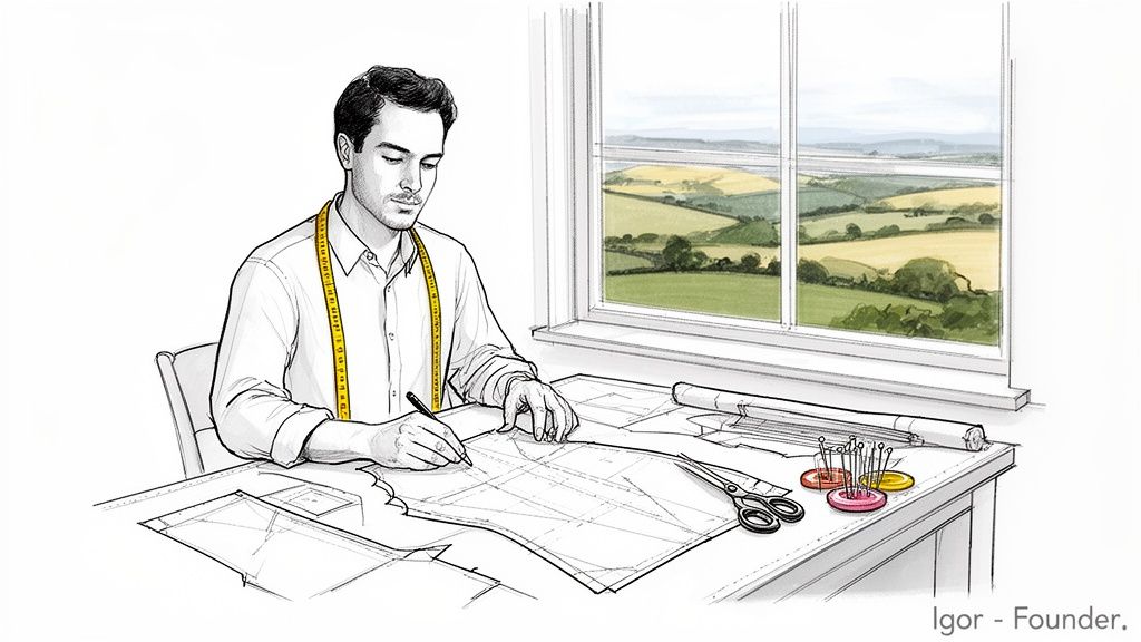 Illustration of a tailor, Igor, designing bespoke suit patterns at a desk with tools.