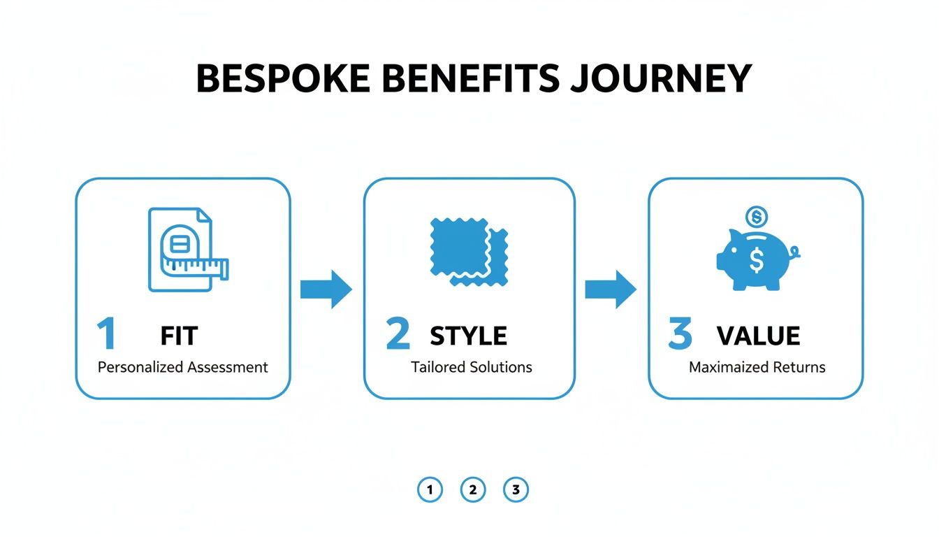 Infographic detailing a bespoke benefits journey with steps for personalized assessment, tailored solutions, and maximized returns.