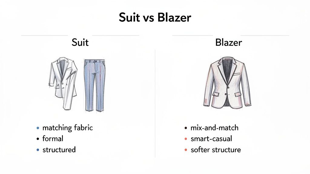 An illustration comparing the characteristics and uses of a suit (formal, structured) and a blazer (smart-casual).
