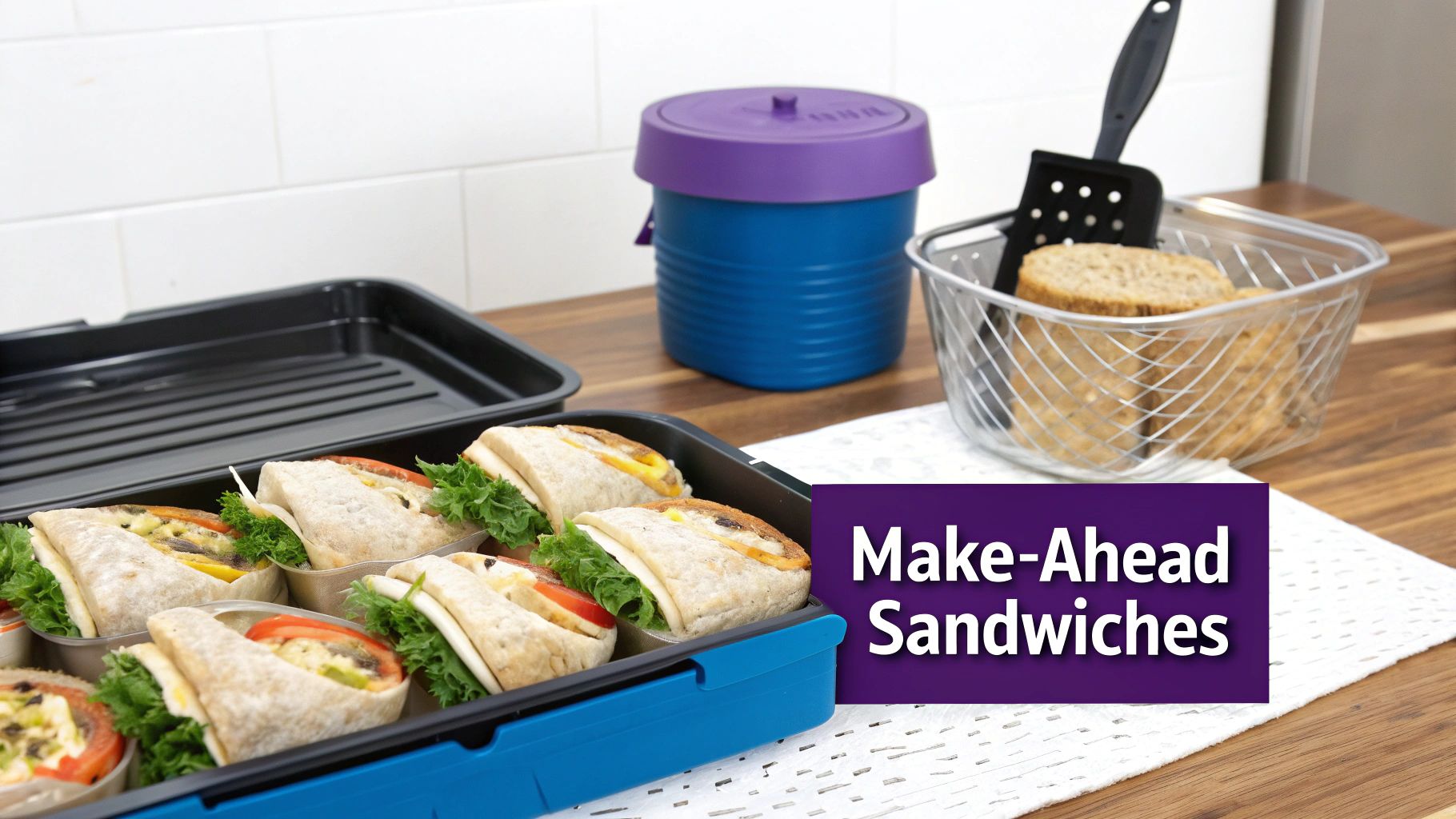 Make-ahead sandwiches arranged in meal prep containers with bread and kitchen supplies on wooden counter