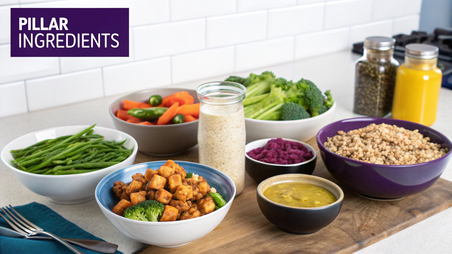 A colorful array of healthy pillar ingredients and prepared components for vegetarian meal prep.