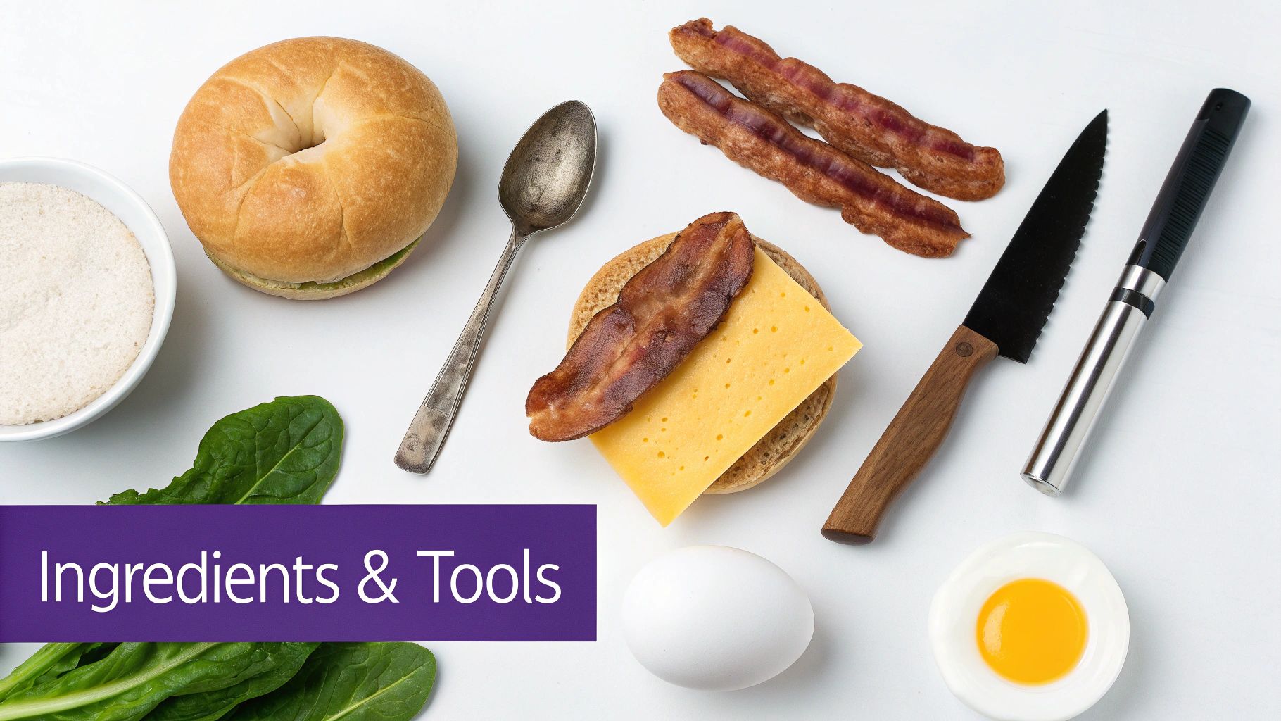 Breakfast sandwich ingredients including bagels, bacon, cheese, eggs, and spinach with cooking utensils