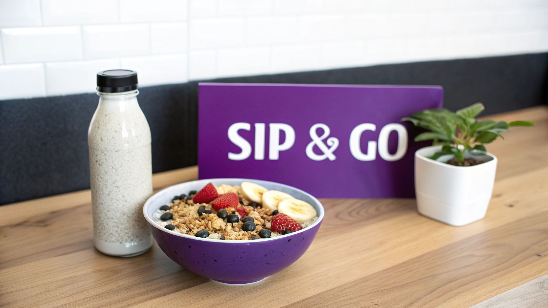 Healthy breakfast bowl with granola, berries, and banana next to milk bottle and SIP & GO sign
