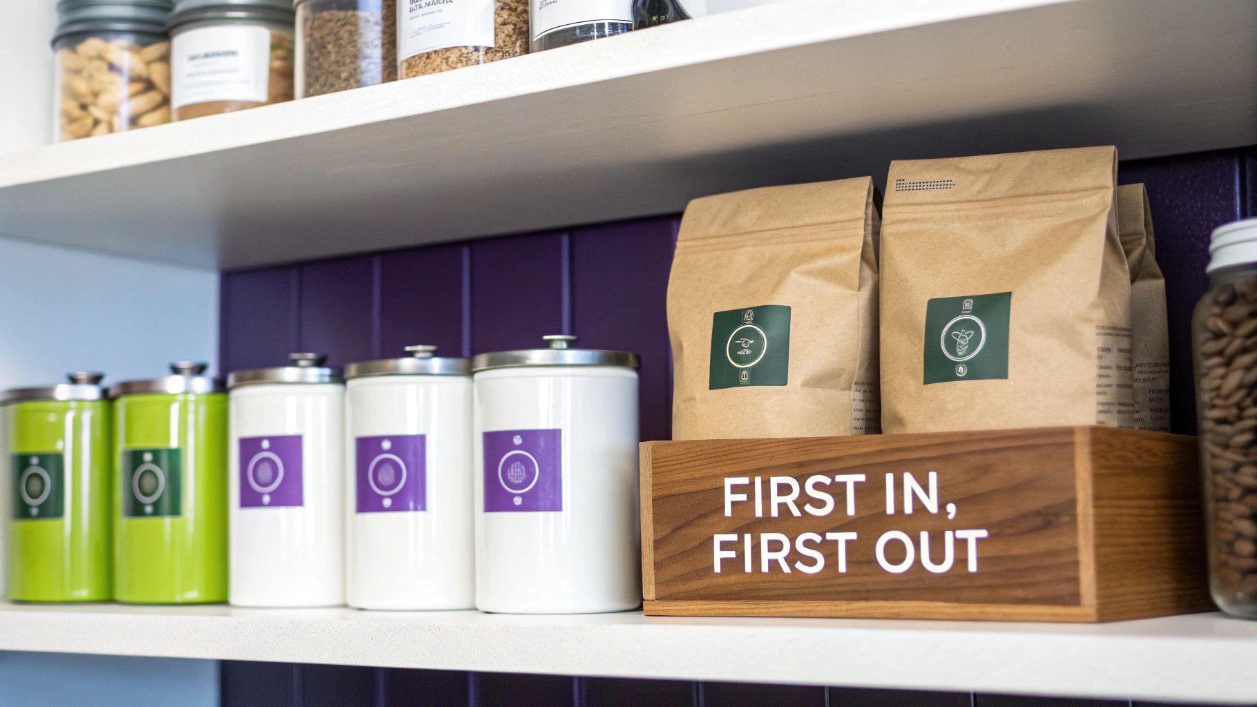 A person pouring coffee beans from a large bag into a smaller storage container.