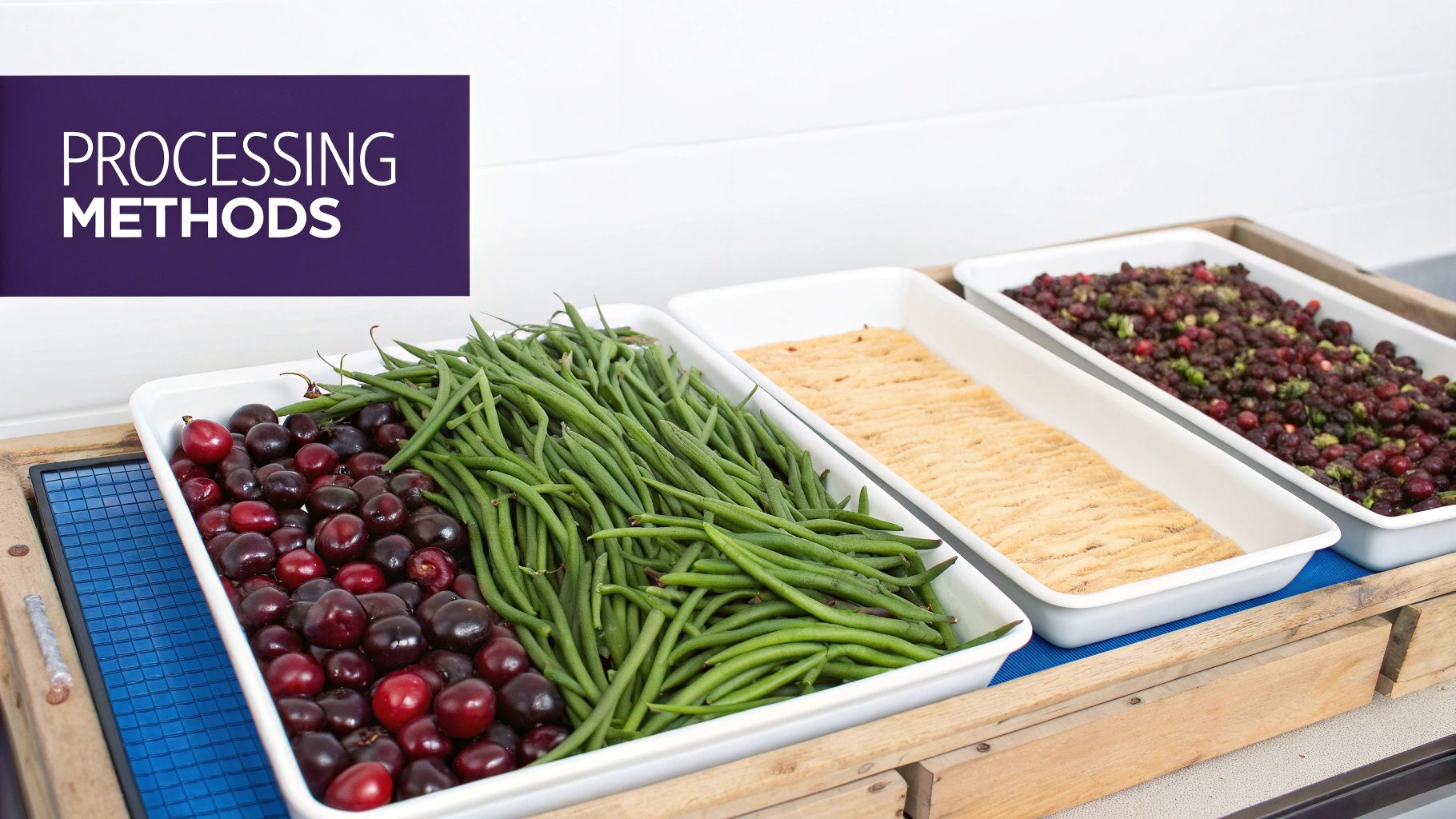 Close-up of different coffee processing methods showing washed, natural, and honey processed beans