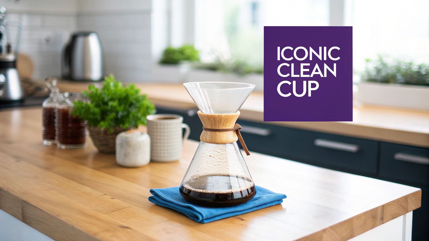 A person pouring hot water into a Chemex brewer filled with coffee grounds.
