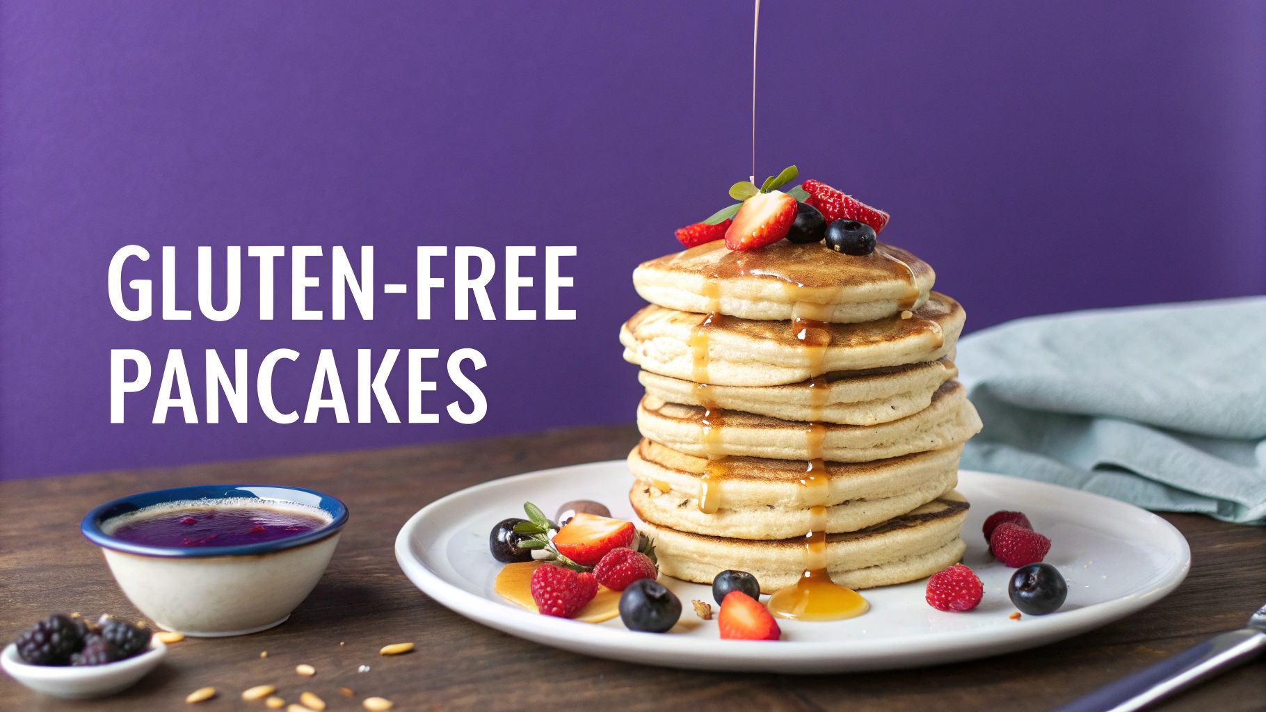 Stack of gluten-free pancakes drizzled with syrup and topped with fresh berries on a white plate