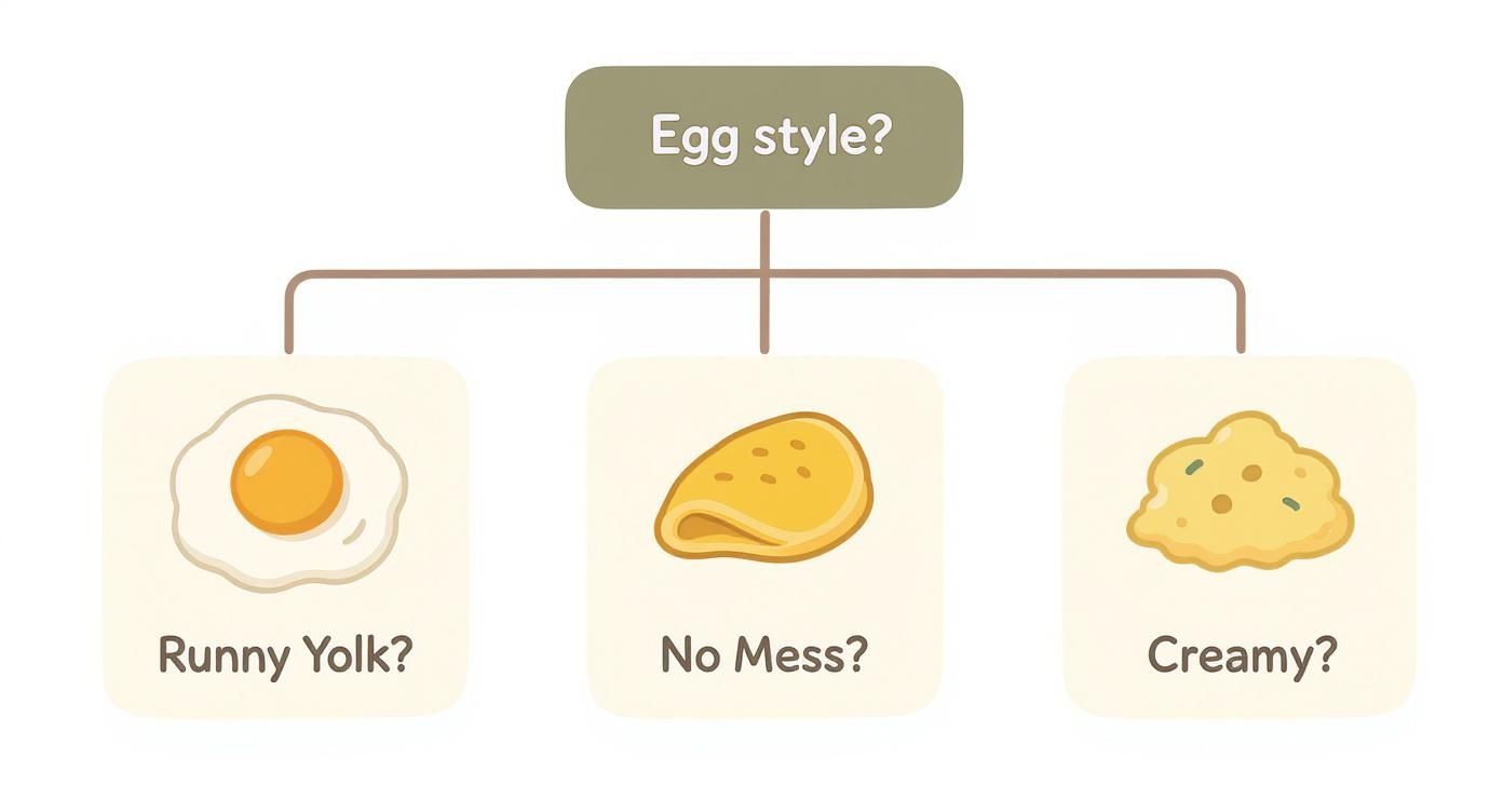 Decision tree flowchart showing three egg cooking style options: runny yolk, folded omelet, and scrambled eggs