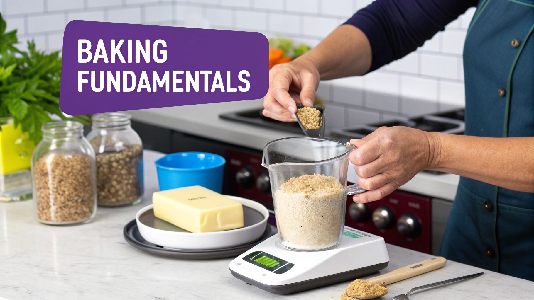 A person measures brown sugar on a digital scale, preparing ingredients for baking fundamentals.